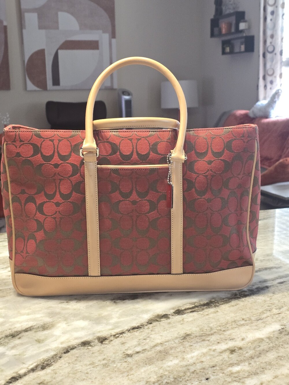 Coach Vintage Large Red Signature Canvas Tote with Leather Trim